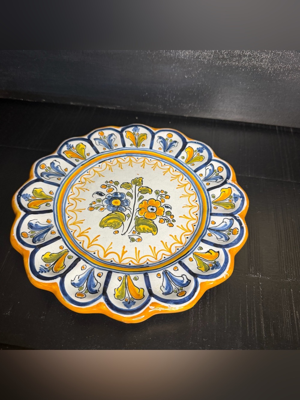 Vintage Spanish Talavera Hand-Painted Floral Ceramic Wall Plate - Yellow & Blue